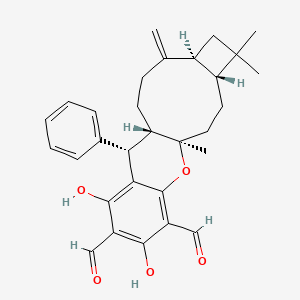 molecular formula C30H34O5 B14796987 (1R,4R,7S,11S,12S)-14,16-dihydroxy-1,5,5-trimethyl-8-methylidene-12-phenyl-19-oxatetracyclo[9.8.0.04,7.013,18]nonadeca-13,15,17-triene-15,17-dicarbaldehyde 