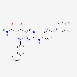 molecular formula C29H31N7O2 B14797482 2-[[4-(3,5-Dimethylpiperazin-1-yl)phenyl]amino]-8-(indan-5-yl)-5-oxo-5,8-dihydropyrido[2,3-d]pyrimidine-6-carboxamide 