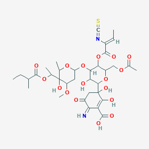 molecular formula C34H46N2O17S B14806234 1-Cyclohexene-1-carboxylic acid, 5-(6-O-acetyl-3-O-(2,6-dideoxy-3-O-methyl-4-C-((S)-1-(3-methyl-1-oxobutoxy)ethyl)-alpha-L-lyxo-hexopyranosyl)-4-O-((Z)-2-isothiocyanato-1-oxo-2-butenyl)-beta-D-allopyranosyl)-2-amino-5-hydroxy-3,6-dioxo-, (S)- CAS No. 101411-68-1