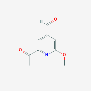 molecular formula C9H9NO3 B14838868 2-Acetyl-6-methoxyisonicotinaldehyde 