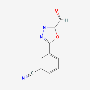 molecular formula C10H5N3O2 B14844427 3-(5-Formyl-1,3,4-oxadiazol-2-YL)benzonitrile 