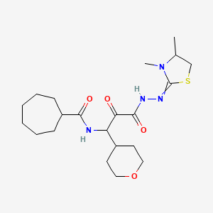 N-[3-[2-(3,4-dimethyl-1,3-thiazolidin-2-ylidene)hydrazinyl]-1-(oxan-4-yl)-2,3-dioxopropyl]cycloheptanecarboxamide