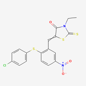 molecular formula C18H13ClN2O3S3 B14858834 5-((2-((4-Chlorophenyl)sulfanyl)-5-nitrophenyl)methylene)-3-ethyl-2-thioxo-1,3-thiazolan-4-one 