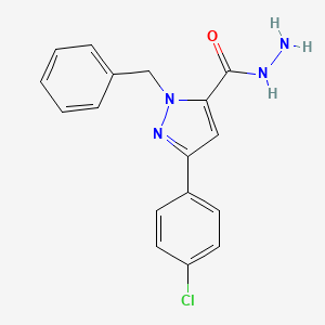 molecular formula C17H15ClN4O B14861275 1-benzyl-3-(4-chlorophenyl)-1H-pyrazole-5-carbohydrazide 