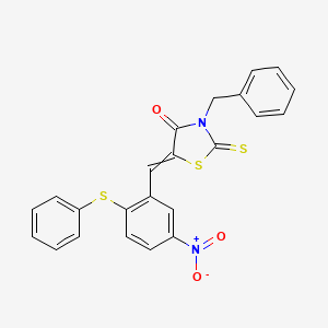 molecular formula C23H16N2O3S3 B14861322 3-Benzyl-5-((5-nitro-2-(phenylsulfanyl)phenyl)methylene)-2-thioxo-1,3-thiazolan-4-one 