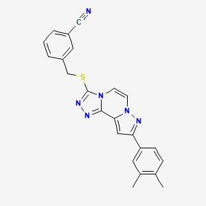 molecular formula C23H18N6S B14863200 3-(((9-(3,4-Dimethylphenyl)pyrazolo[1,5-a][1,2,4]triazolo[3,4-c]pyrazin-3-yl)thio)methyl)benzonitrile 