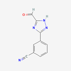 molecular formula C10H6N4O B14865314 3-(5-Formyl-4H-1,2,4-triazol-3-YL)benzonitrile 