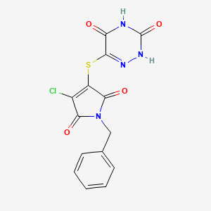 molecular formula C14H9ClN4O4S B14874183 6-((1-benzyl-4-chloro-2,5-dioxo-2,5-dihydro-1H-pyrrol-3-yl)thio)-1,2,4-triazine-3,5(2H,4H)-dione 