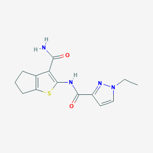 molecular formula C14H16N4O2S B14875597 N-(3-carbamoyl-5,6-dihydro-4H-cyclopenta[b]thiophen-2-yl)-1-ethyl-1H-pyrazole-3-carboxamide 