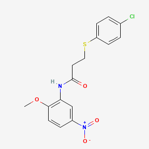 molecular formula C16H15ClN2O4S B14875626 3-((4-chlorophenyl)thio)-N-(2-methoxy-5-nitrophenyl)propanamide 