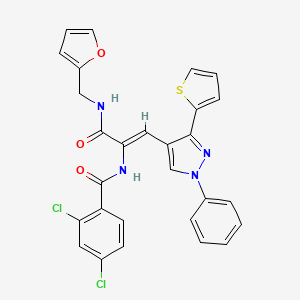 (Z)-2,4-dichloro-N-(3-((furan-2-ylmethyl)amino)-3-oxo-1-(1-phenyl-3-(thiophen-2-yl)-1H-pyrazol-4-yl)prop-1-en-2-yl)benzamide