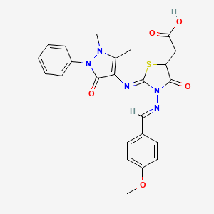 2-((Z)-2-((1,5-dimethyl-3-oxo-2-phenyl-2,3-dihydro-1H-pyrazol-4-yl)imino)-3-((E)-(4-methoxybenzylidene)amino)-4-oxothiazolidin-5-yl)acetic acid