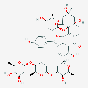 molecular formula C50H60O18 B148785 (3S,6R,8R)-15-[(2R,4R,5R,6R)-4-[(2S,5S,6S)-5-[(2S,4R,5S,6R)-4,5-Dihydroxy-6-methyloxan-2-yl]oxy-6-methyloxan-2-yl]oxy-5-hydroxy-6-methyloxan-2-yl]-6,8,14-trihydroxy-3-[(2S,5S,6S)-5-hydroxy-6-methyloxan-2-yl]oxy-18-(4-hydroxyphenyl)-6-methyl-19-oxapentacyclo[11.6.1.02,11.03,8.017,20]icosa-1(20),2(11),9,13,15,17-hexaene-4,12-dione CAS No. 126121-78-6