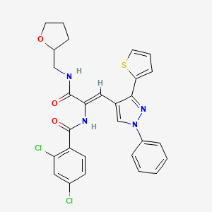 (Z)-2,4-dichloro-N-(3-oxo-1-(1-phenyl-3-(thiophen-2-yl)-1H-pyrazol-4-yl)-3-(((tetrahydrofuran-2-yl)methyl)amino)prop-1-en-2-yl)benzamide