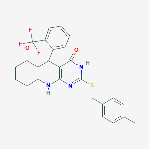 molecular formula C26H22F3N3O2S B14879355 2-[(4-methylbenzyl)sulfanyl]-5-[2-(trifluoromethyl)phenyl]-5,8,9,10-tetrahydropyrimido[4,5-b]quinoline-4,6(3H,7H)-dione 