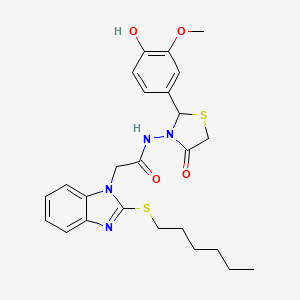 molecular formula C25H30N4O4S2 B14883405 2-(2-hexylsulfanylbenzimidazol-1-yl)-N-[2-(4-hydroxy-3-methoxyphenyl)-4-oxo-1,3-thiazolidin-3-yl]acetamide 