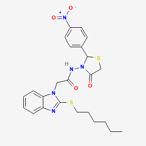 2-(2-hexylsulfanylbenzimidazol-1-yl)-N-[2-(4-nitrophenyl)-4-oxo-1,3-thiazolidin-3-yl]acetamide