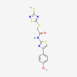 molecular formula C15H14N4O2S4 B14897029 N-[4-(4-Methoxy-phenyl)-thiazol-2-yl]-2-(3-methylsulfanyl-[1,2,4]thiadiazol-5-ylsulfanyl)-acetamide 