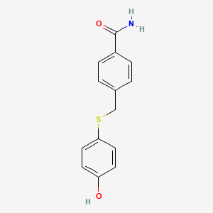 molecular formula C14H13NO2S B14902413 4-(((4-Hydroxyphenyl)thio)methyl)benzamide 