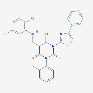 B149093 5-[(2,5-Dichloroanilino)methyl]-1-(2-methylphenyl)-3-(4-phenyl-1,3-thiazol-2-yl)-2-sulfanylidene-1,3-diazinane-4,6-dione CAS No. 139356-80-2