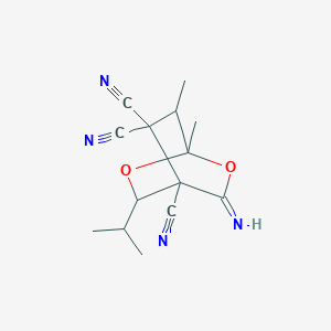 molecular formula C14H16N4O2 B14918306 3-Imino-5-isopropyl-1,7-dimethyl-2,6-dioxabicyclo[2.2.2]octane-4,8,8-tricarbonitrile 