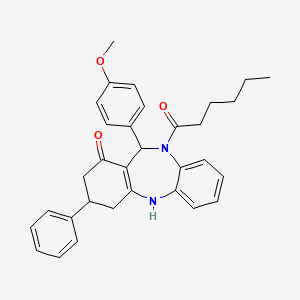 10-hexanoyl-11-(4-methoxyphenyl)-3-phenyl-2,3,4-trihydro-5H,11H-benzo[b]benzo[2,1-f]1,4-diazepin-1-one