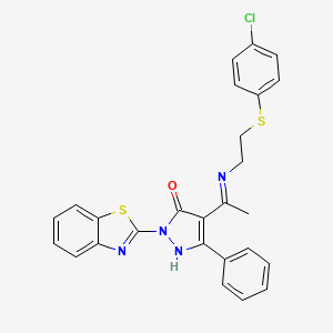 (4E)-2-(1,3-benzothiazol-2-yl)-4-[1-({2-[(4-chlorophenyl)sulfanyl]ethyl}amino)ethylidene]-5-phenyl-2,4-dihydro-3H-pyrazol-3-one