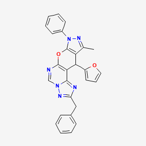 4-benzyl-16-(furan-2-yl)-14-methyl-12-phenyl-10-oxa-3,5,6,8,12,13-hexazatetracyclo[7.7.0.02,6.011,15]hexadeca-1(9),2,4,7,11(15),13-hexaene