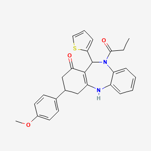 molecular formula C27H26N2O3S B14921414 1-[1-hydroxy-3-(4-methoxyphenyl)-11-(thiophen-2-yl)-2,3,4,11-tetrahydro-10H-dibenzo[b,e][1,4]diazepin-10-yl]propan-1-one 