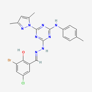 2-bromo-4-chloro-6-[(E)-(2-{4-(3,5-dimethyl-1H-pyrazol-1-yl)-6-[(4-methylphenyl)amino]-1,3,5-triazin-2-yl}hydrazinylidene)methyl]phenol