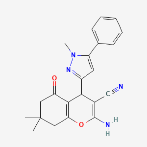 2-Amino-7,7-dimethyl-4-(1-methyl-5-phenyl-1H-pyrazol-3-YL)-5-oxo-5,6,7,8-tetrahydro-4H-chromen-3-YL cyanide