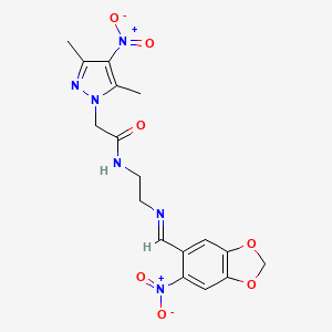 molecular formula C17H18N6O7 B14925025 2-(3,5-dimethyl-4-nitro-1H-pyrazol-1-yl)-N-(2-{[(E)-(6-nitro-1,3-benzodioxol-5-yl)methylidene]amino}ethyl)acetamide 