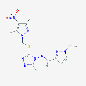 3-{[(3,5-dimethyl-4-nitro-1H-pyrazol-1-yl)methyl]sulfanyl}-N-[(E)-(1-ethyl-1H-pyrazol-3-yl)methylidene]-5-methyl-4H-1,2,4-triazol-4-amine