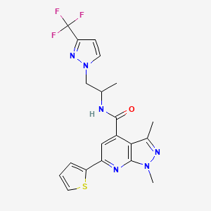 molecular formula C20H19F3N6OS B14926145 1,3-dimethyl-6-(thiophen-2-yl)-N-{1-[3-(trifluoromethyl)-1H-pyrazol-1-yl]propan-2-yl}-1H-pyrazolo[3,4-b]pyridine-4-carboxamide 