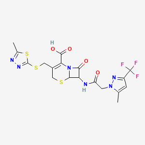 molecular formula C18H17F3N6O4S3 B14926265 3-{[(5-methyl-1,3,4-thiadiazol-2-yl)sulfanyl]methyl}-7-({[5-methyl-3-(trifluoromethyl)-1H-pyrazol-1-yl]acetyl}amino)-8-oxo-5-thia-1-azabicyclo[4.2.0]oct-2-ene-2-carboxylic acid 