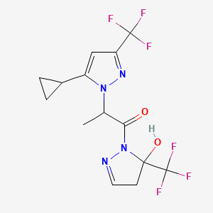 molecular formula C14H14F6N4O2 B14927679 2-[5-cyclopropyl-3-(trifluoromethyl)-1H-pyrazol-1-yl]-1-[5-hydroxy-5-(trifluoromethyl)-4,5-dihydro-1H-pyrazol-1-yl]propan-1-one 