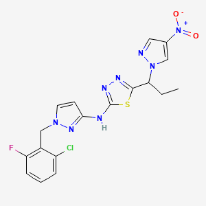 molecular formula C18H16ClFN8O2S B14927901 N-[1-(2-chloro-6-fluorobenzyl)-1H-pyrazol-3-yl]-5-[1-(4-nitro-1H-pyrazol-1-yl)propyl]-1,3,4-thiadiazol-2-amine 