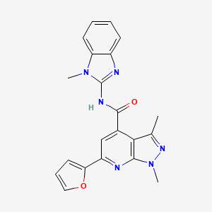 molecular formula C21H18N6O2 B14927956 6-(furan-2-yl)-1,3-dimethyl-N-(1-methyl-1H-benzimidazol-2-yl)-1H-pyrazolo[3,4-b]pyridine-4-carboxamide 