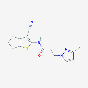 molecular formula C15H16N4OS B14928057 N-(3-cyano-5,6-dihydro-4H-cyclopenta[b]thiophen-2-yl)-3-(3-methyl-1H-pyrazol-1-yl)propanamide 