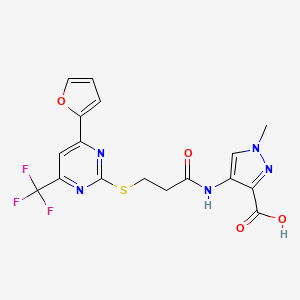 molecular formula C17H14F3N5O4S B14928106 4-[(3-{[4-(furan-2-yl)-6-(trifluoromethyl)pyrimidin-2-yl]sulfanyl}propanoyl)amino]-1-methyl-1H-pyrazole-3-carboxylic acid 