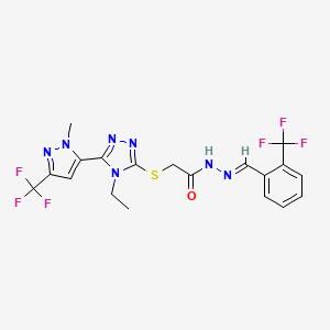 molecular formula C19H17F6N7OS B14928232 2-({4-ethyl-5-[1-methyl-3-(trifluoromethyl)-1H-pyrazol-5-yl]-4H-1,2,4-triazol-3-yl}sulfanyl)-N'-{(E)-[2-(trifluoromethyl)phenyl]methylidene}acetohydrazide 