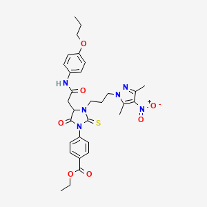 ethyl 4-(3-[3-(3,5-dimethyl-4-nitro-1H-pyrazol-1-yl)propyl]-5-oxo-4-{2-oxo-2-[(4-propoxyphenyl)amino]ethyl}-2-thioxoimidazolidin-1-yl)benzoate