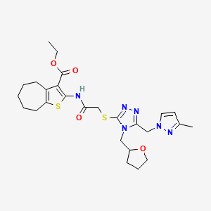 ethyl 2-{[({5-[(3-methyl-1H-pyrazol-1-yl)methyl]-4-(tetrahydrofuran-2-ylmethyl)-4H-1,2,4-triazol-3-yl}sulfanyl)acetyl]amino}-5,6,7,8-tetrahydro-4H-cyclohepta[b]thiophene-3-carboxylate