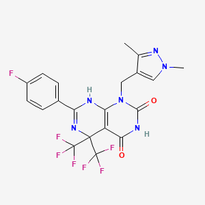 molecular formula C20H15F7N6O2 B14928983 1-[(1,3-dimethyl-1H-pyrazol-4-yl)methyl]-7-(4-fluorophenyl)-5,5-bis(trifluoromethyl)-5,8-dihydropyrimido[4,5-d]pyrimidine-2,4(1H,3H)-dione 