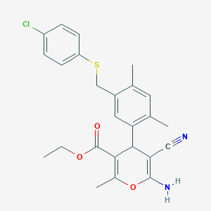 ethyl 6-amino-4-(5-{[(4-chlorophenyl)sulfanyl]methyl}-2,4-dimethylphenyl)-5-cyano-2-methyl-4H-pyran-3-carboxylate