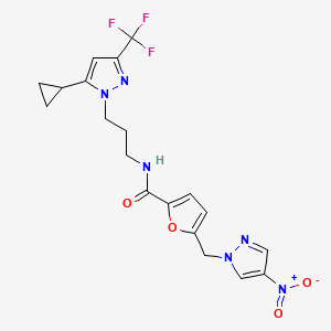 molecular formula C19H19F3N6O4 B14930192 N-{3-[5-cyclopropyl-3-(trifluoromethyl)-1H-pyrazol-1-yl]propyl}-5-[(4-nitro-1H-pyrazol-1-yl)methyl]furan-2-carboxamide 