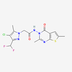 molecular formula C15H14ClF2N5O2S B14930264 2-[4-Chloro-3-(difluoromethyl)-5-methyl-1H-pyrazol-1-YL]-N-[2,6-dimethyl-4-oxothieno[2,3-D]pyrimidin-3(4H)-YL]acetamide 