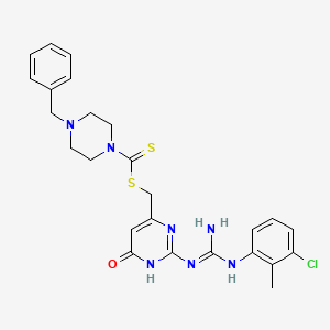 {2-[N'-(3-chloro-2-methylphenyl)carbamimidamido]-6-oxo-1,6-dihydropyrimidin-4-yl}methyl 4-benzylpiperazine-1-carbodithioate