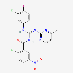 molecular formula C20H15Cl2FN6O3 B14940100 2-chloro-N-{(E)-[(3-chloro-4-fluorophenyl)amino][(4,6-dimethylpyrimidin-2-yl)amino]methylidene}-5-nitrobenzamide 