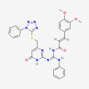 (2E)-3-(3,4-dimethoxyphenyl)-N-[(E)-[(6-oxo-4-{[(1-phenyl-1H-tetrazol-5-yl)sulfanyl]methyl}-1,6-dihydropyrimidin-2-yl)amino](phenylamino)methylidene]prop-2-enamide